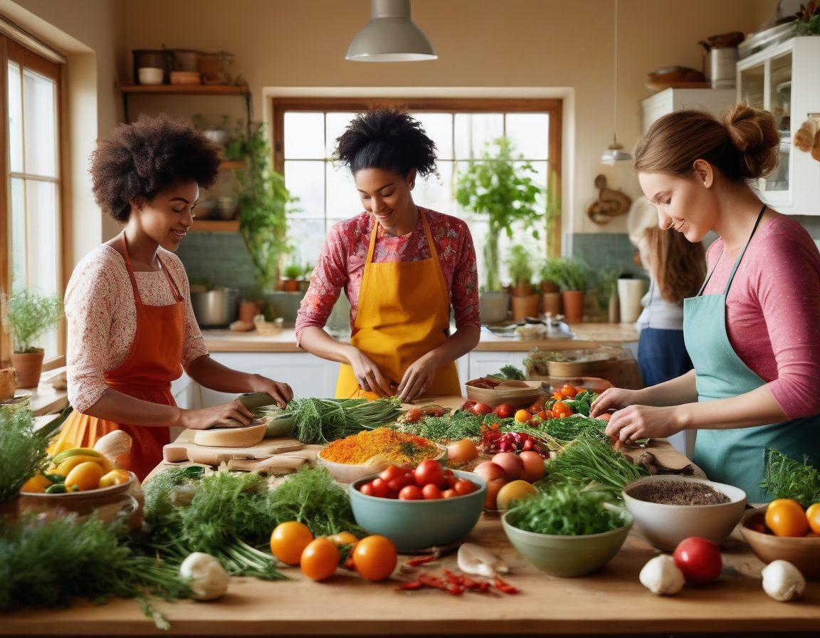 A colorful, inviting kitchen scene featuring diverse women collaborating on cooking healthy dishes, surrounded by fresh ingredients, herbs, and spices. Highlight a harmonious atmosphere, with a soft glow from natural light, symbolizing nurturing and empowerment. Incorporate elements representing female anatomy subtly in the design, such as floral motifs or shapes inspired by nature. vibrant colors. super-realistic. warm tones.