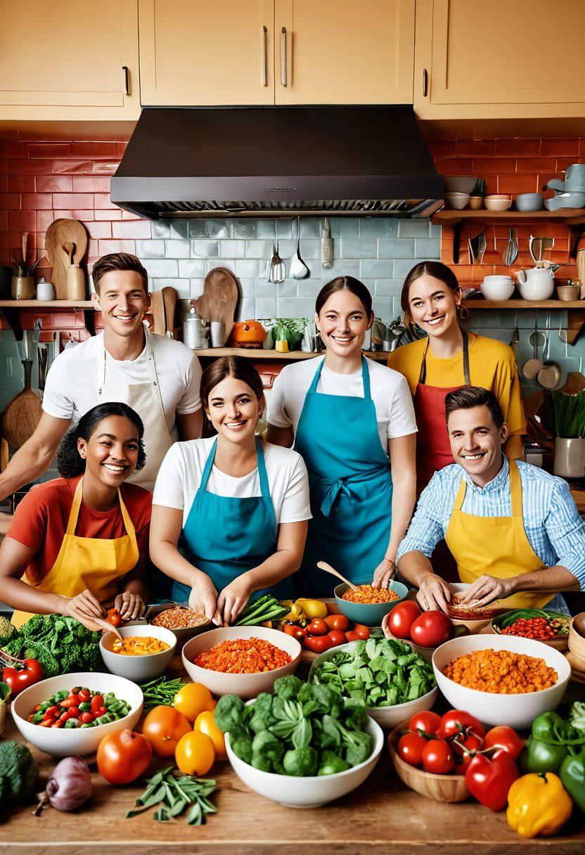 A joyful kitchen scene featuring a diverse group of people cooking together, showcasing vibrant, colorful fresh ingredients and homemade dishes. The atmosphere should radiate confidence and unity, with smiling faces and a warm ambiance. Include various cooking tools and recipes scattered around, emphasizing body positivity and self-love through delicious food. 3D rendering. vibrant colors. inviting background.