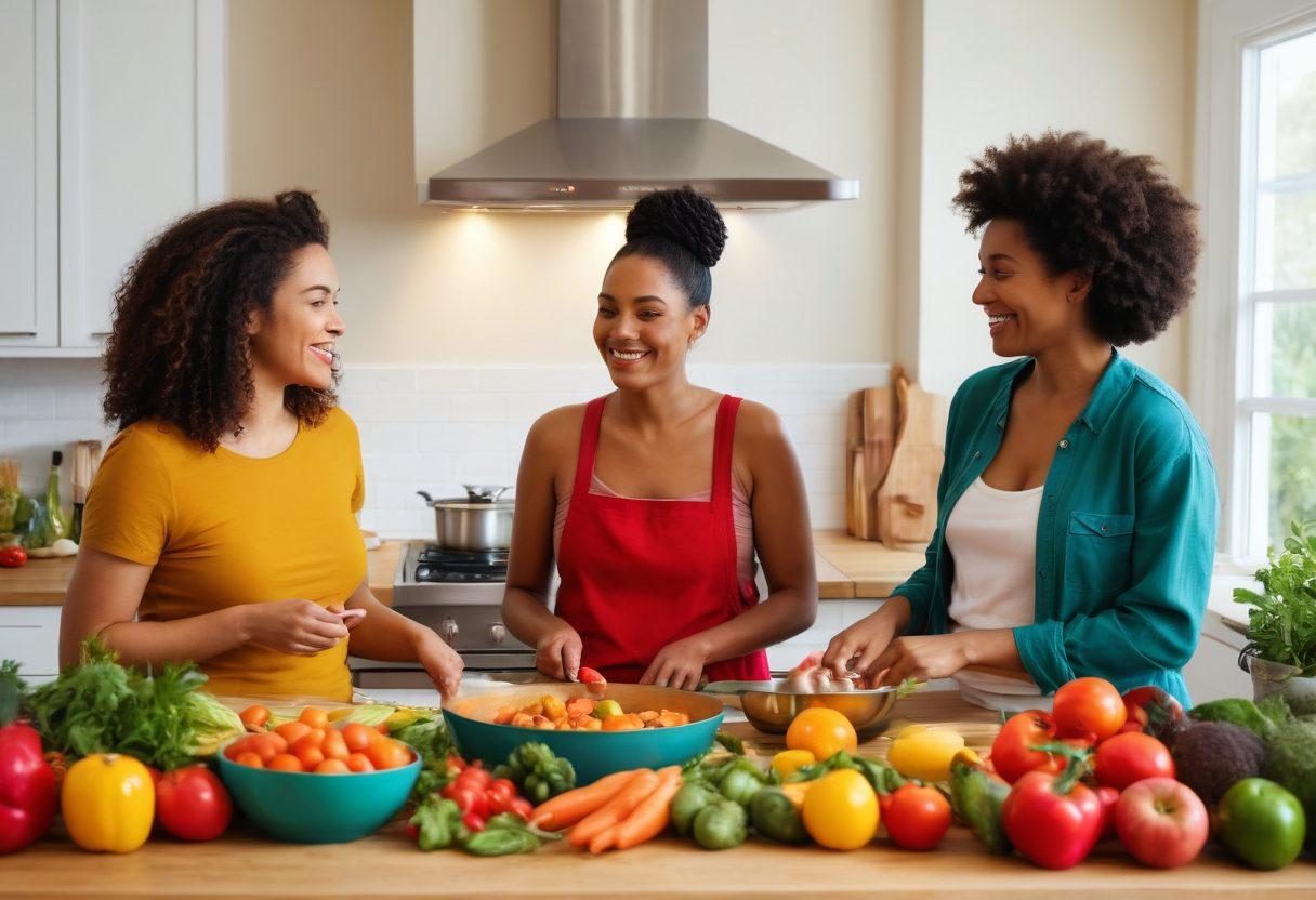 A vibrant, diverse group of women joyfully cooking together in a bright kitchen, surrounded by colorful fresh fruits and vegetables. Each woman represents different cultures, sharing personal stories of health and body positivity, with smiles and laughter reflecting the atmosphere. The scene captures a blend of culinary creativity, empowerment, and unity, celebrating woman's unique journeys. super-realistic. vibrant colors. warm lighting.